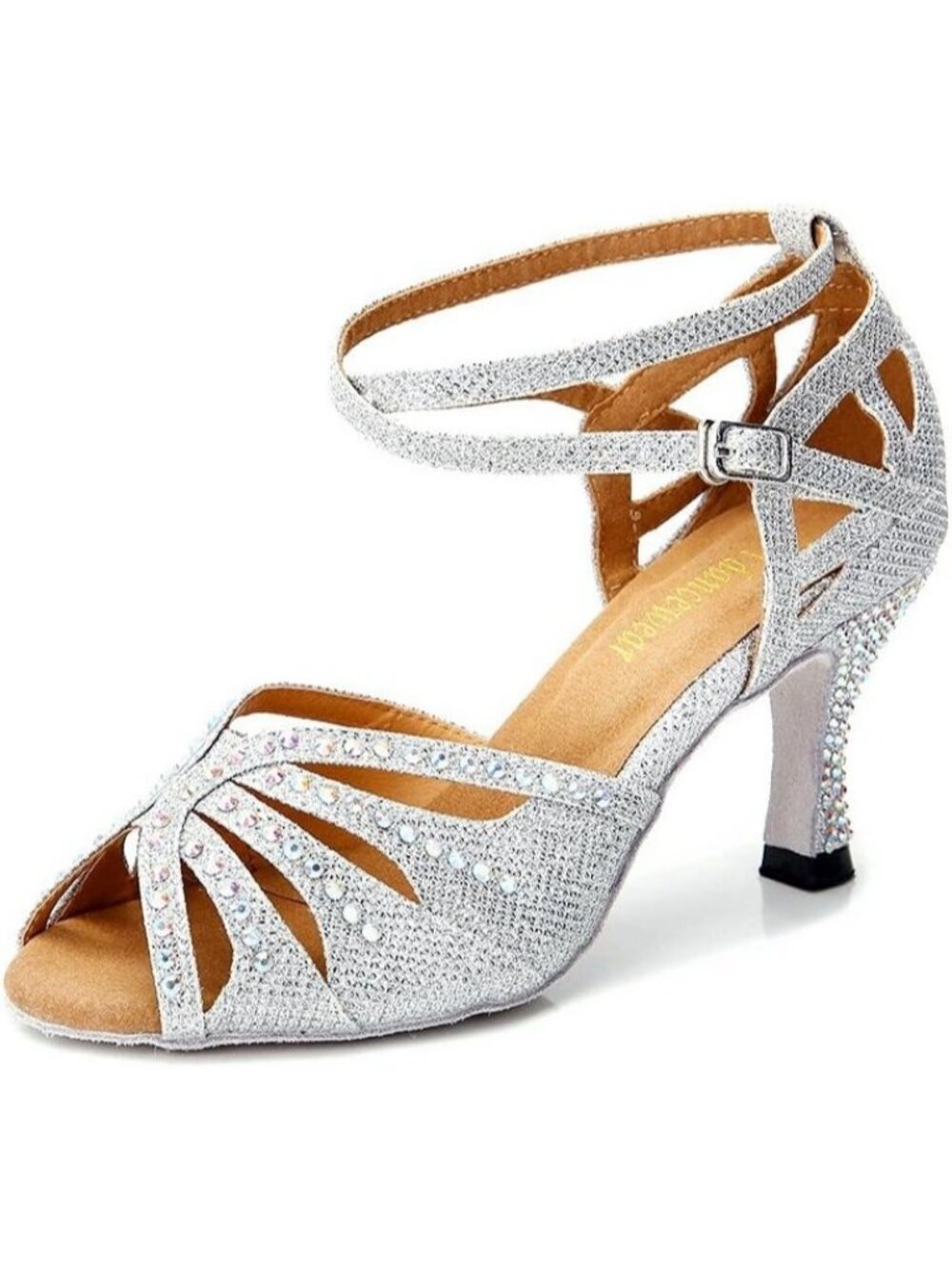 Women's Silver Rhinestone Latin Salsa Ballroom Open Toe Heel Dance Shoes